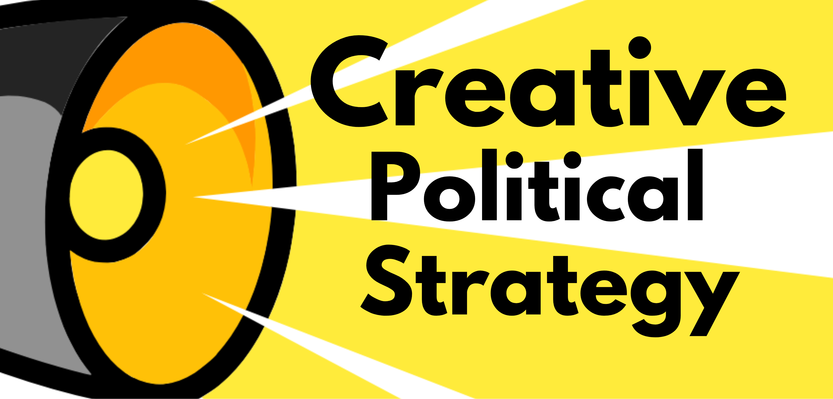 Creative Political Strategy - Logo with a yellow flashlight and rays coming out of it.